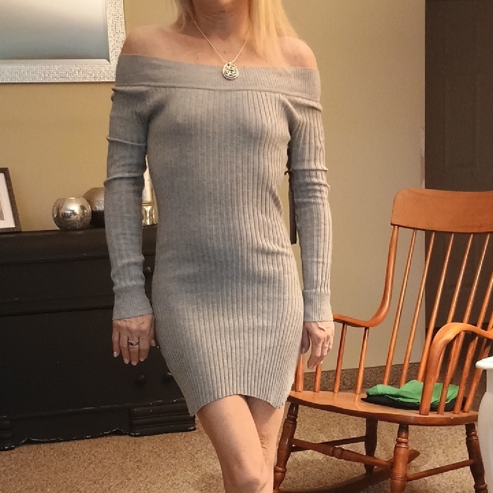 Gray Ribbed Off-Shoulder Bodycon Dress